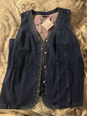 Quacker Factory Navy Denim Vest with Studded Trim